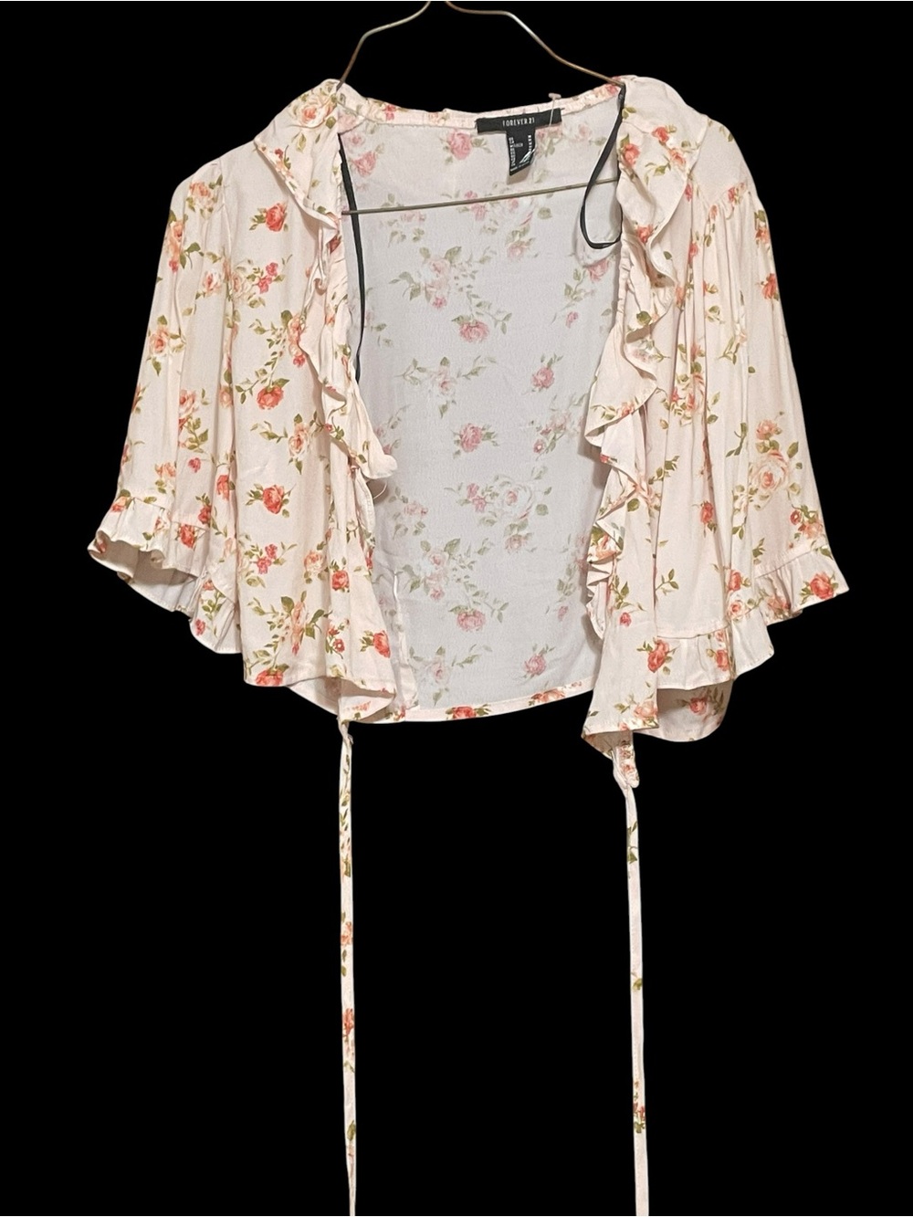 Forever 21 Cream Floral Ruffle Tie-Front Blouse